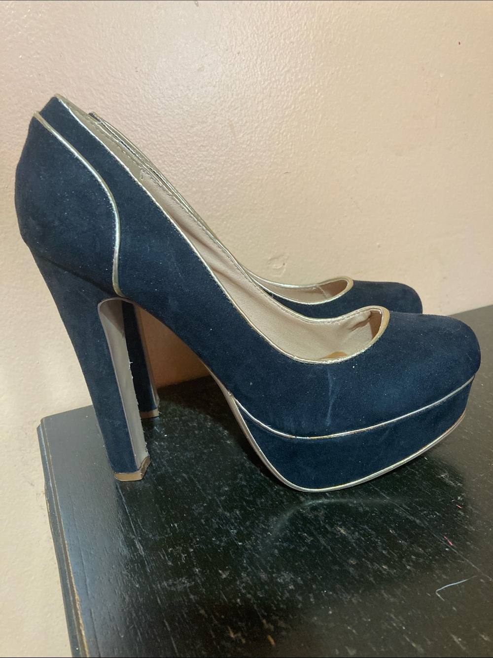 Attitude by Jay Manuel Black Platform High Heels with Gold Trim